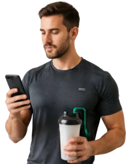 Fitness user checking CALRI while holding a protein shaker