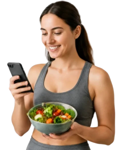 Woman using CALRI while holding a healthy salad