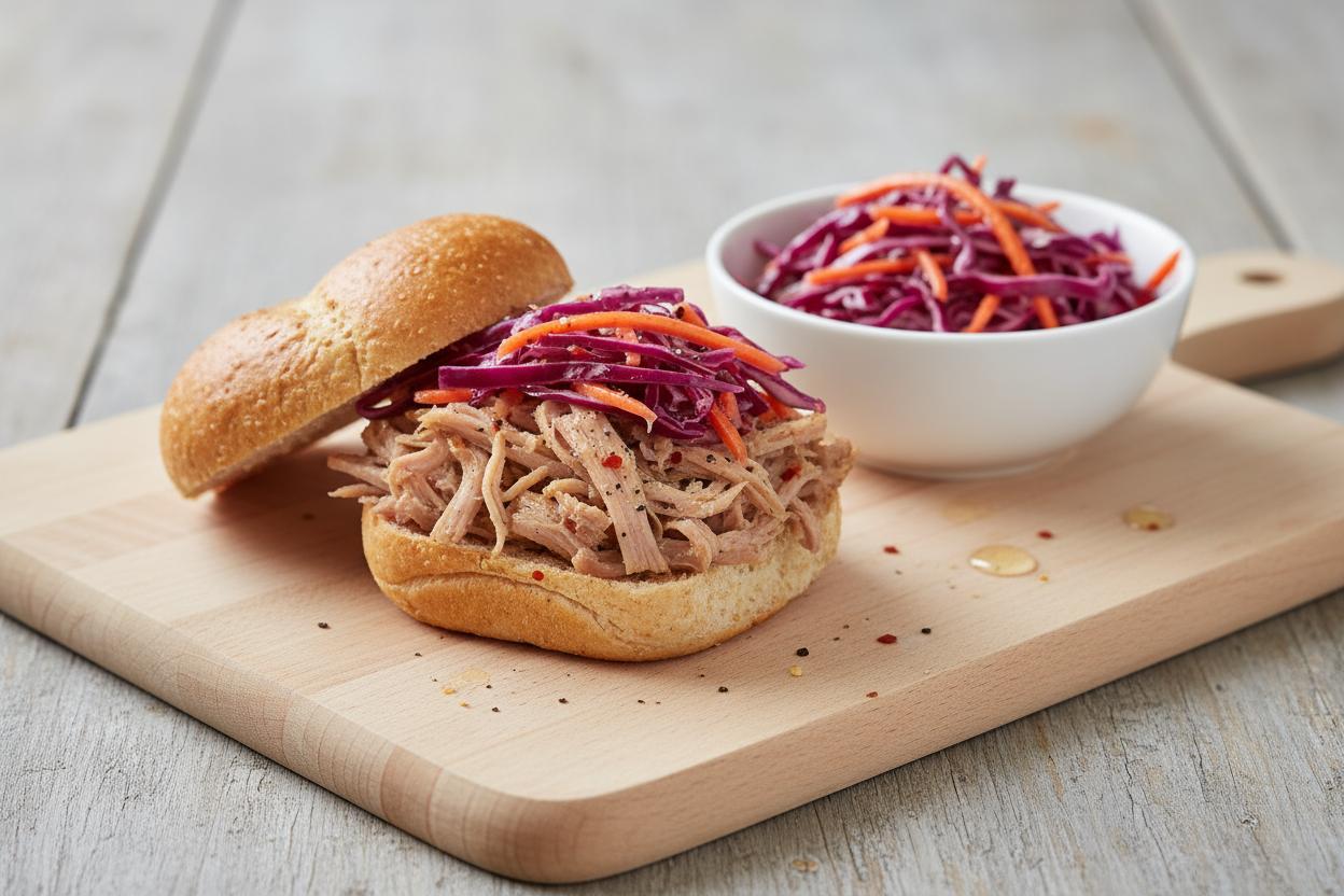 Pulled Pork Sandwich with Red Cabbage and Carrot Slaw recipe
