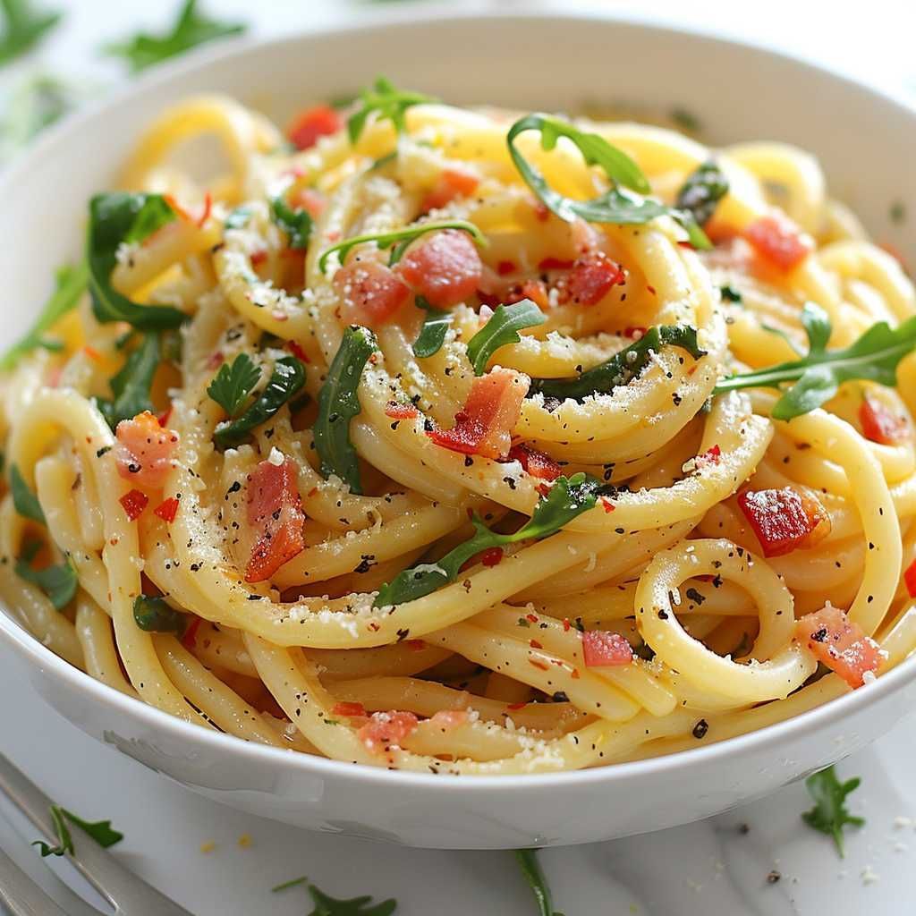 Linguine with Asparagus, Bacon, and Arugula recipe
