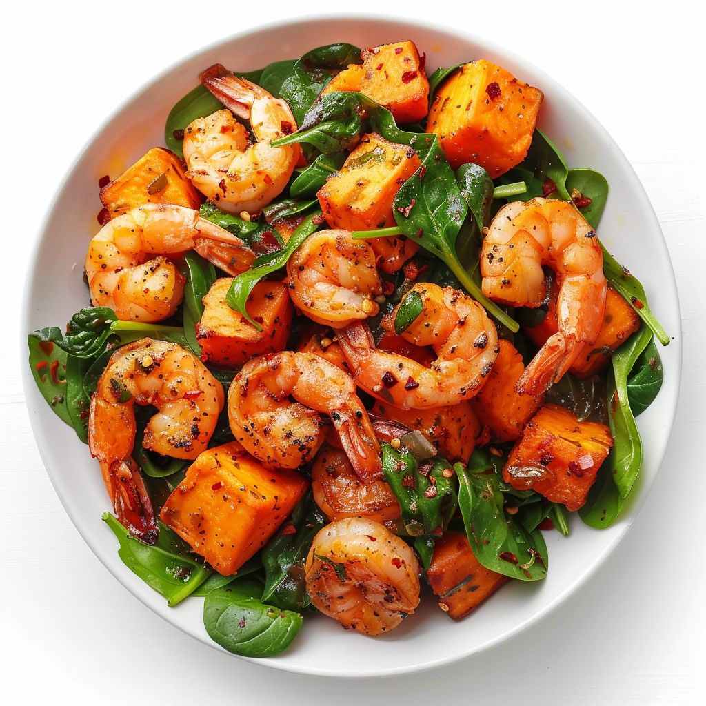 Sweet Potato Dish with Shrimp and Spinach recipe